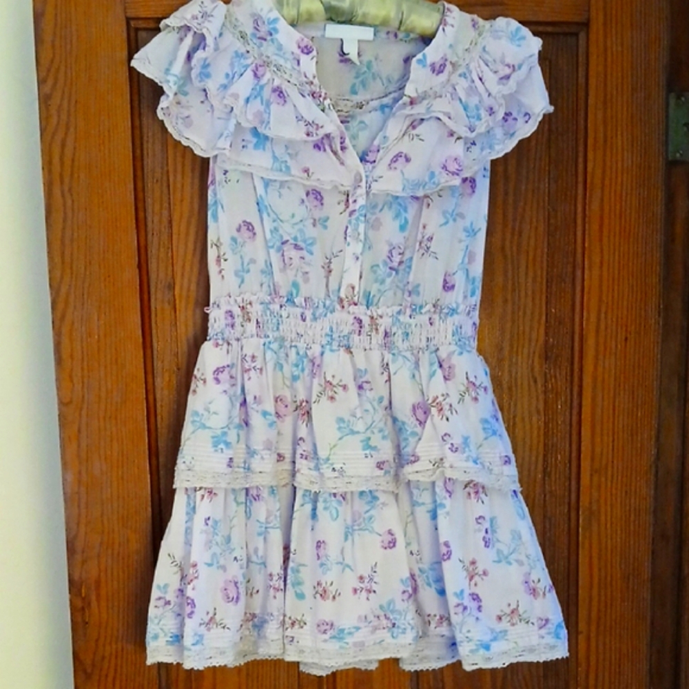 LoveShackFancy Pink and Blue Ruffled Tiered Midi Sundress Target